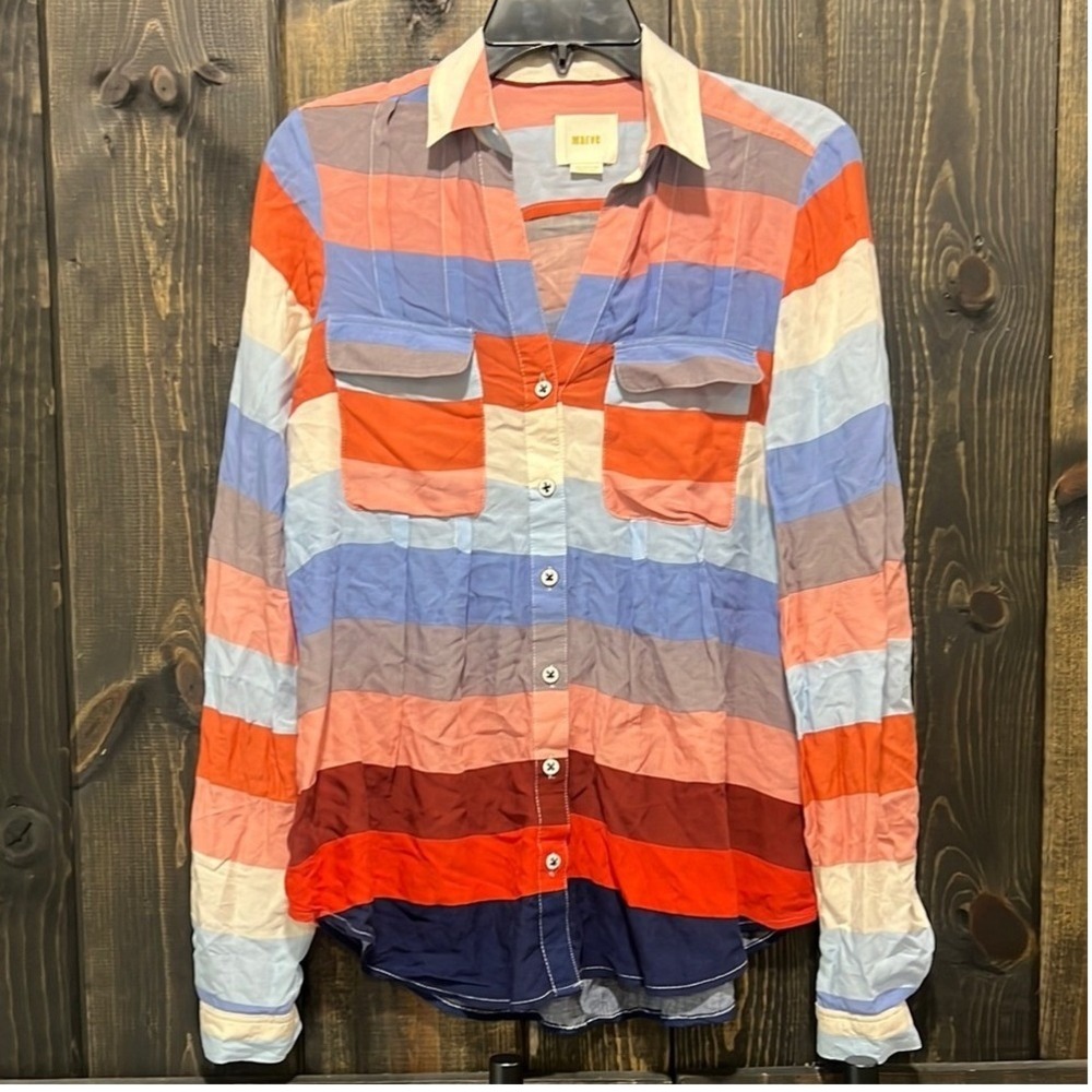 Anthropologie Maeve Wynwood‎ Top 2 Colorful Stripes Pleated Boho Relaxed Curved